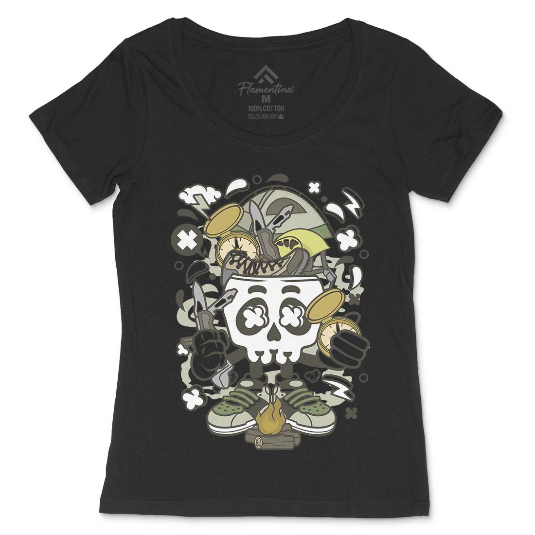 Camp Fire Skull Womens Scoop Neck T-Shirt Nature C040