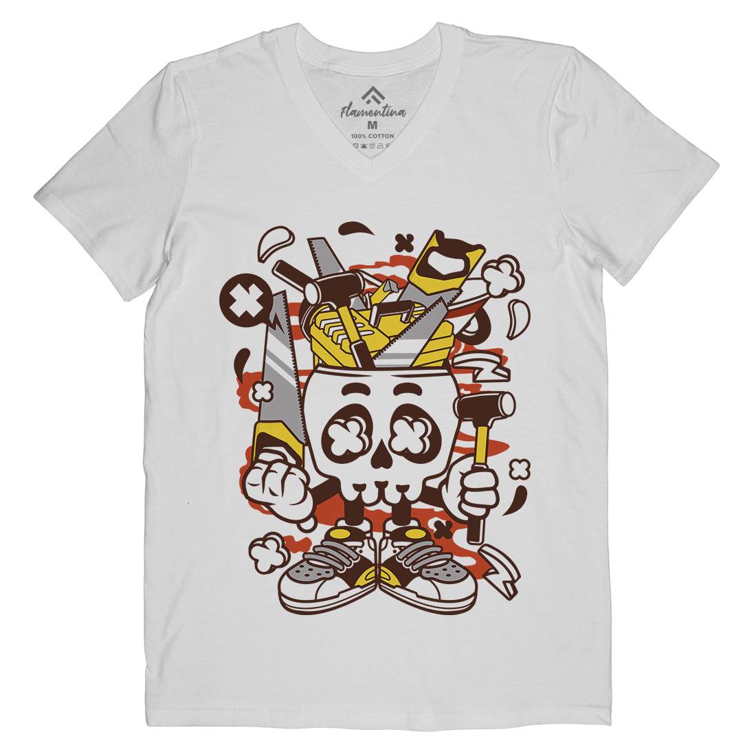 Carpentry Skull Mens Organic V-Neck T-Shirt Work C047