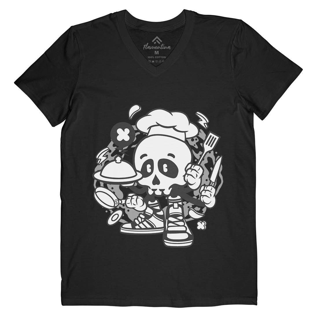 Chef Skull Mens V-Neck T-Shirt Work C058