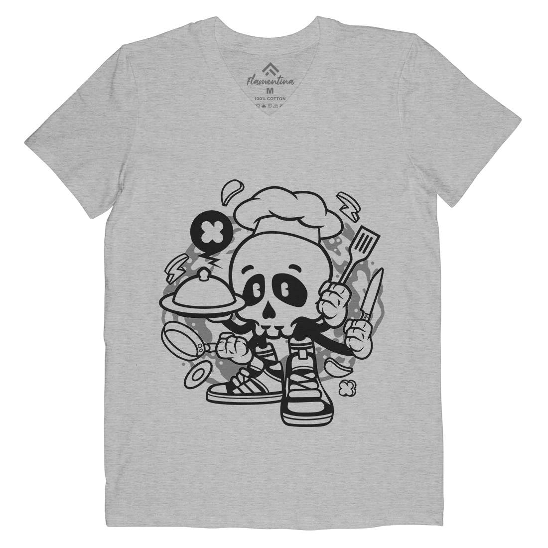 Chef Skull Mens Organic V-Neck T-Shirt Work C058