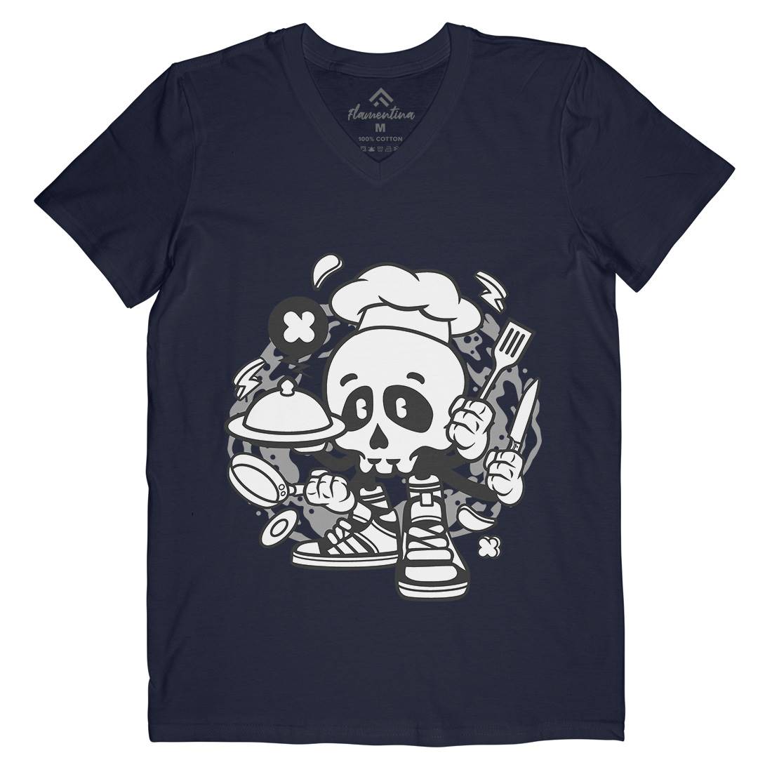 Chef Skull Mens Organic V-Neck T-Shirt Work C058