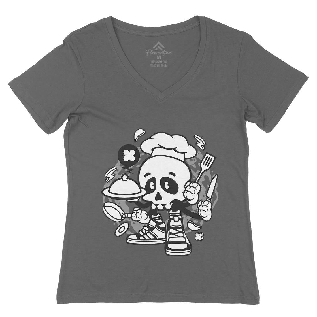 Chef Skull Womens Organic V-Neck T-Shirt Work C058