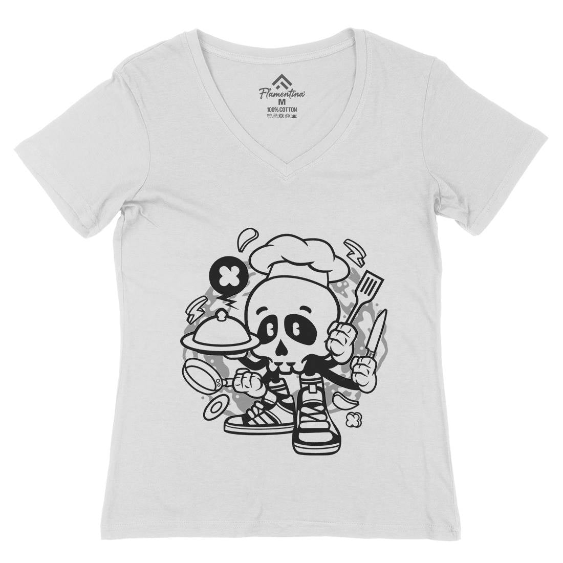 Chef Skull Womens Organic V-Neck T-Shirt Work C058