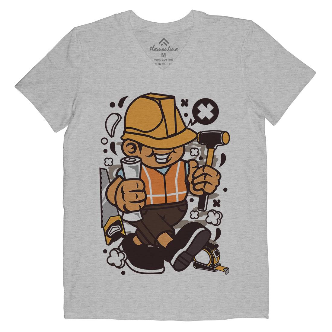 Construction Worker Kid Mens Organic V-Neck T-Shirt Work C078