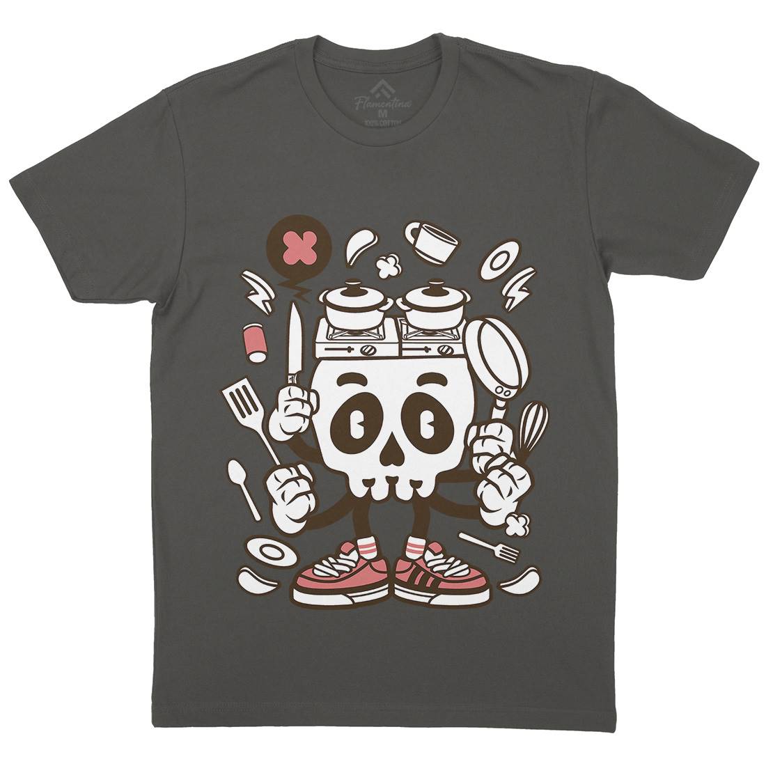 Cooking Skull Mens Organic Crew Neck T-Shirt Work C080