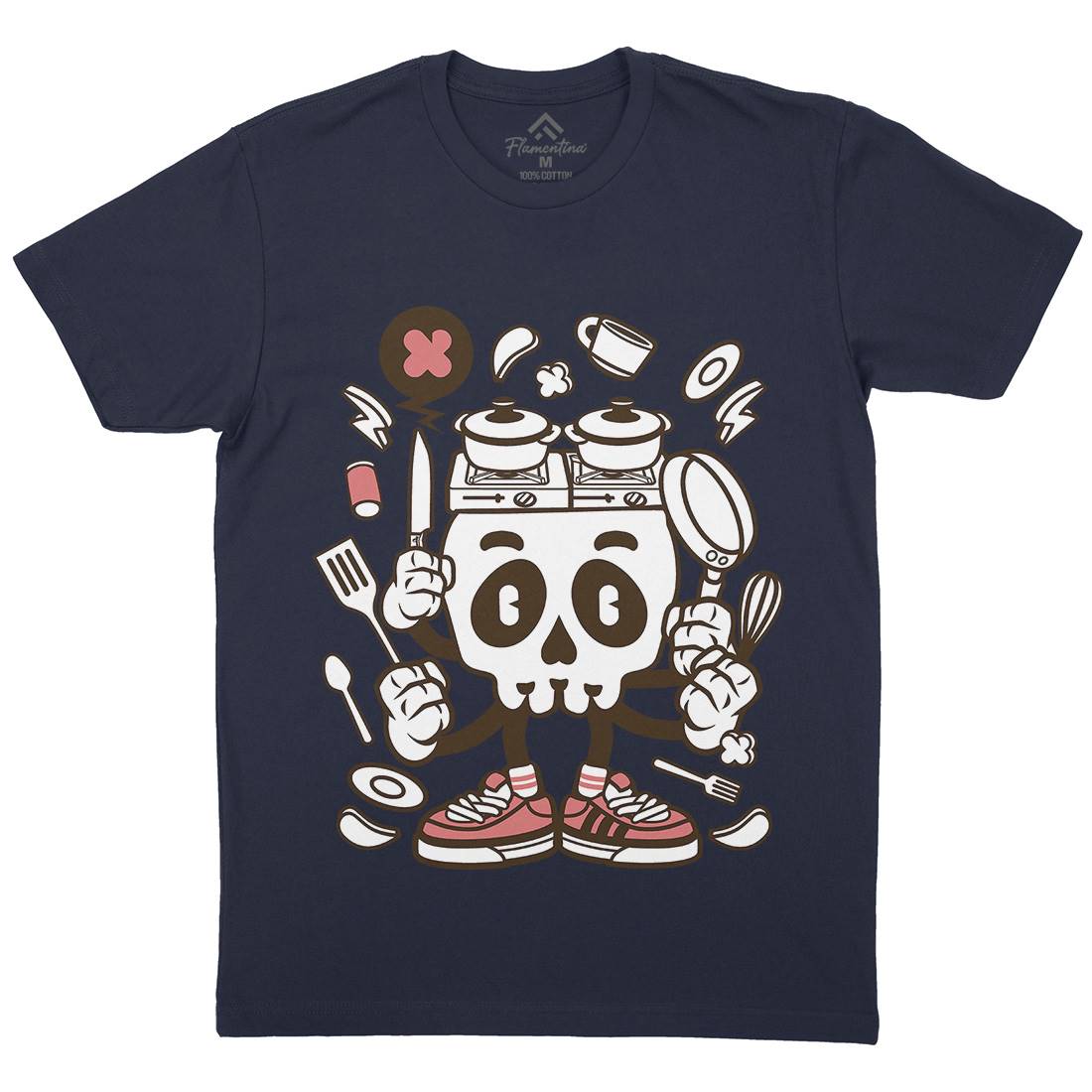 Cooking Skull Mens Organic Crew Neck T-Shirt Work C080