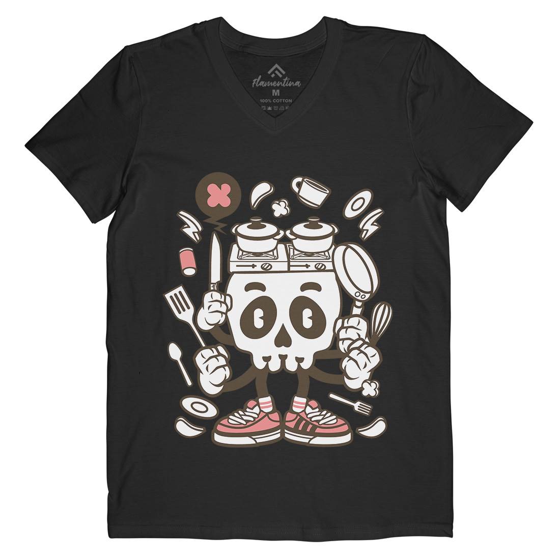 Cooking Skull Mens V-Neck T-Shirt Work C080