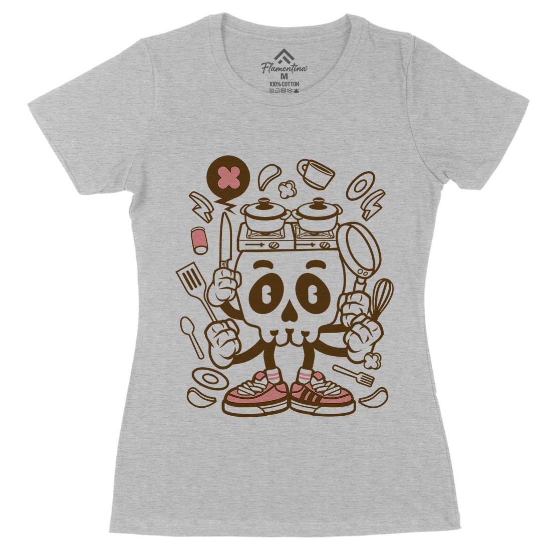 Cooking Skull Womens Organic Crew Neck T-Shirt Work C080