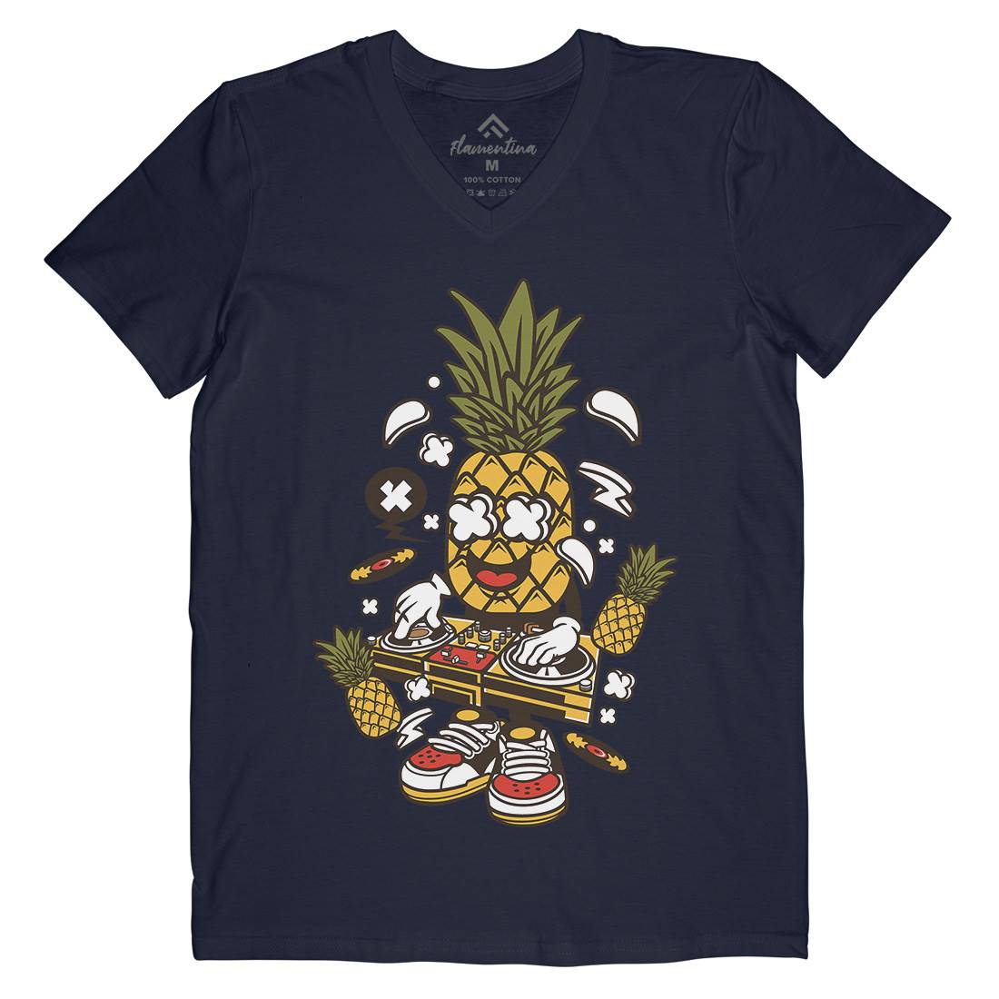Dj Pineapple Mens Organic V-Neck T-Shirt Music C093