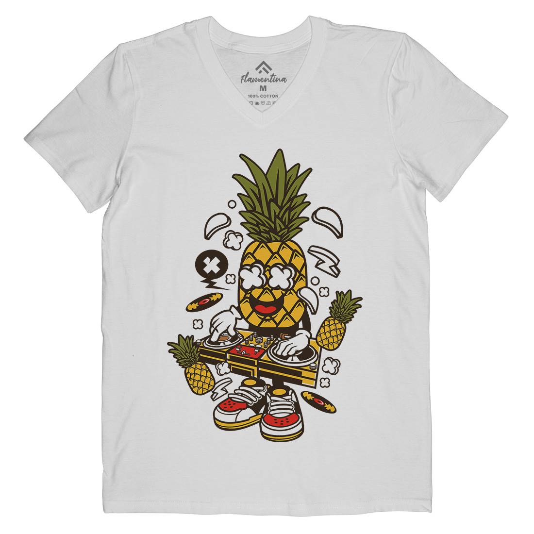 Dj Pineapple Mens Organic V-Neck T-Shirt Music C093