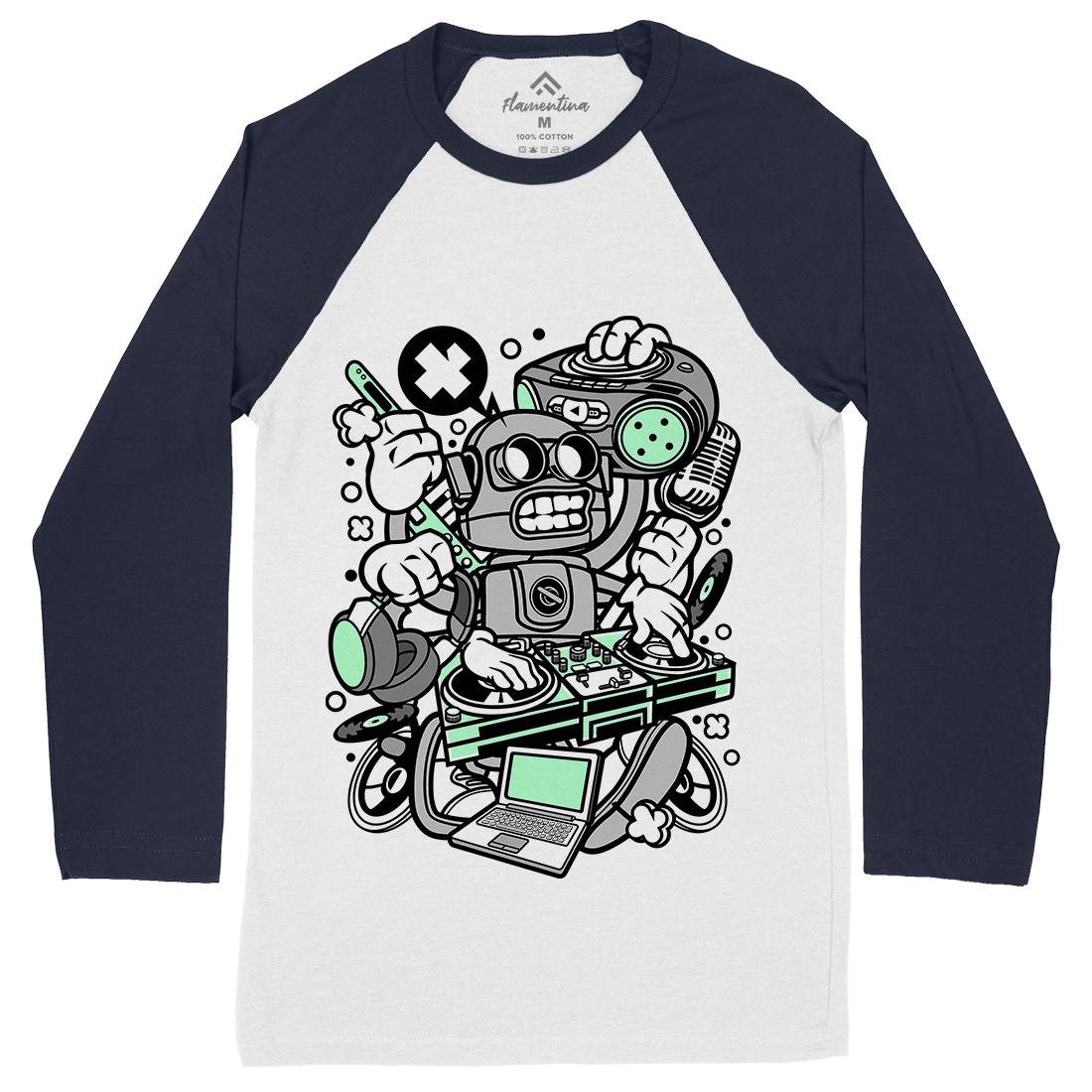 Dj Robot Mens Long Sleeve Baseball T-Shirt Music C094