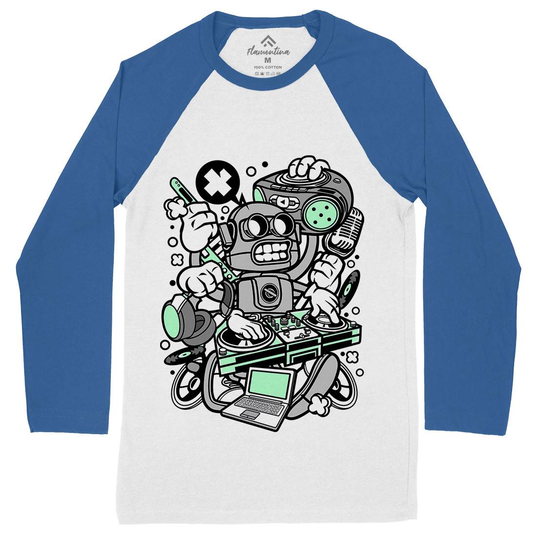 Dj Robot Mens Long Sleeve Baseball T-Shirt Music C094