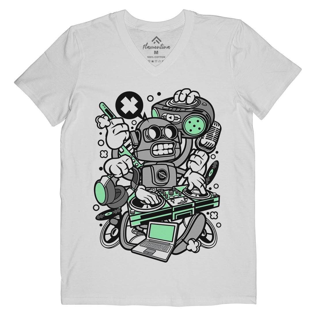 Dj Robot Mens Organic V-Neck T-Shirt Music C094
