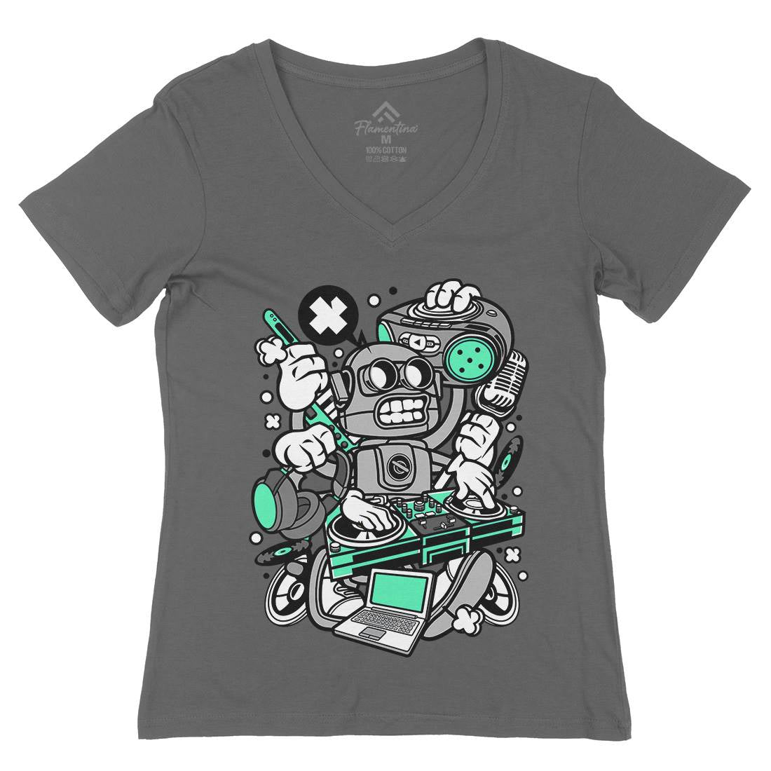 Dj Robot Womens Organic V-Neck T-Shirt Music C094