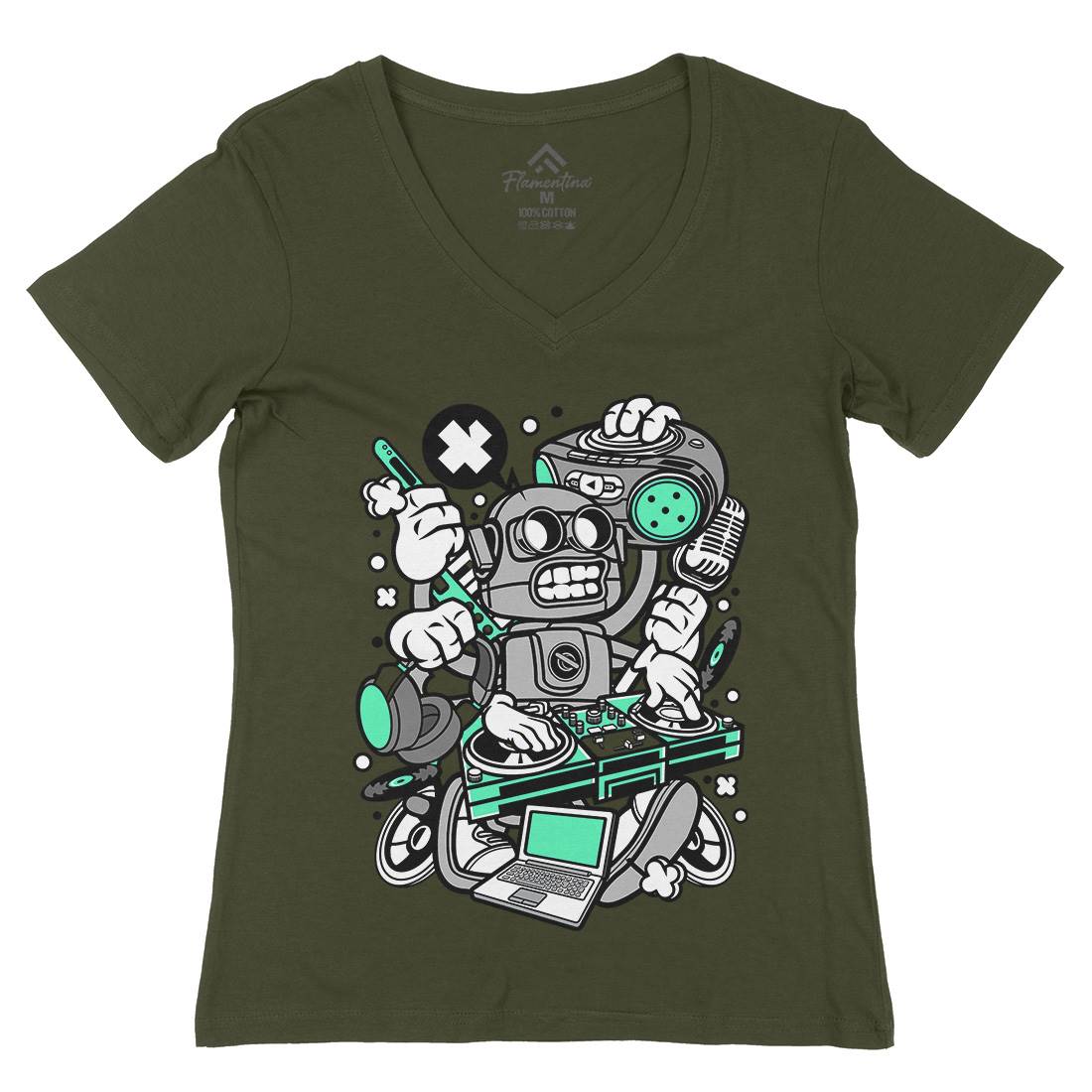 Dj Robot Womens Organic V-Neck T-Shirt Music C094
