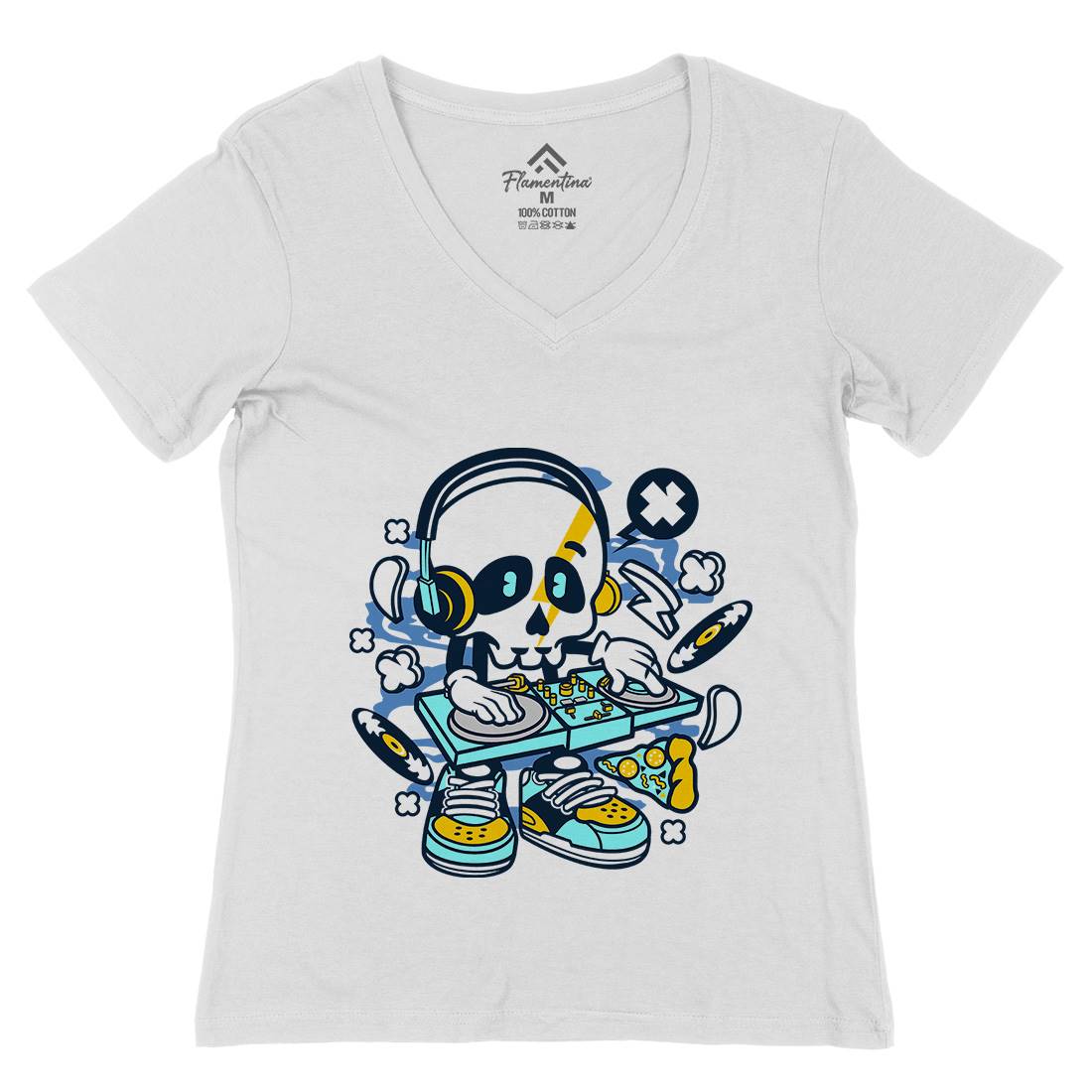 Dj Skull Womens Organic V-Neck T-Shirt Music C095