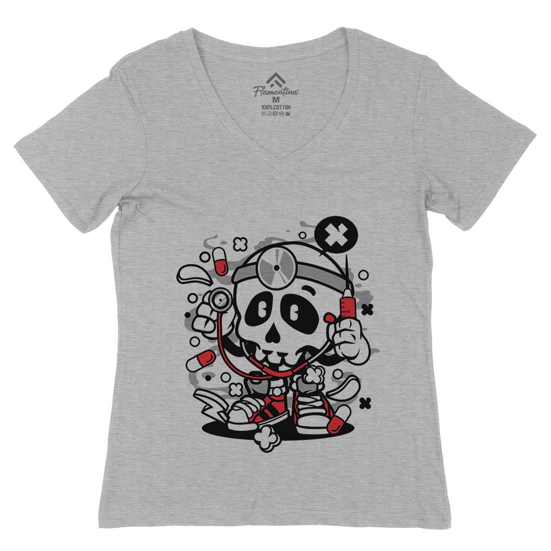 Doctor Skull Womens Organic V-Neck T-Shirt Work C097