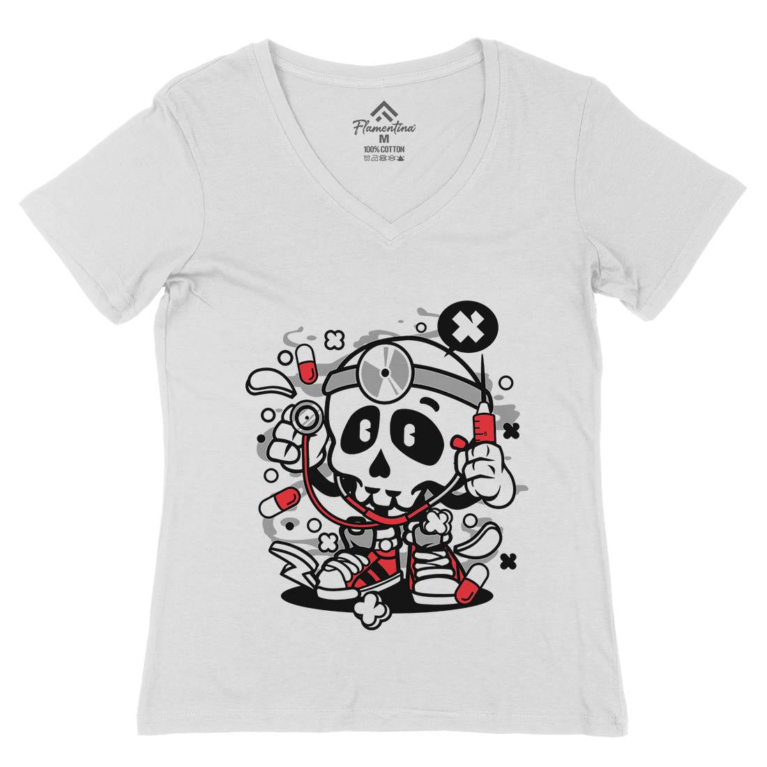 Doctor Skull Womens Organic V-Neck T-Shirt Work C097