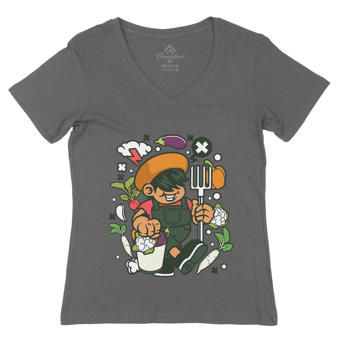 Farmer Kid Womens Organic V-Neck T-Shirt Retro C106