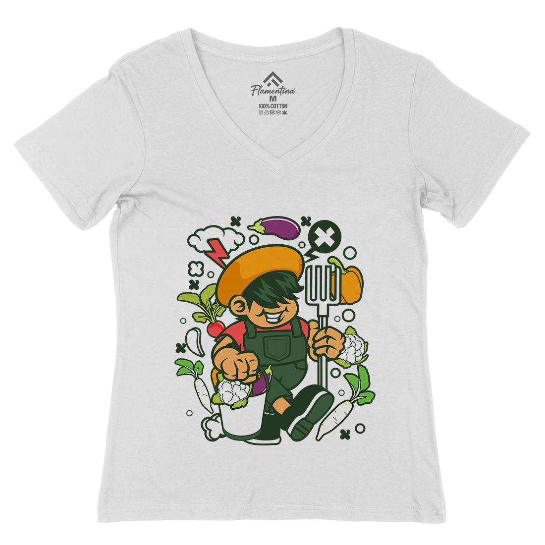 Farmer Kid Womens Organic V-Neck T-Shirt Retro C106