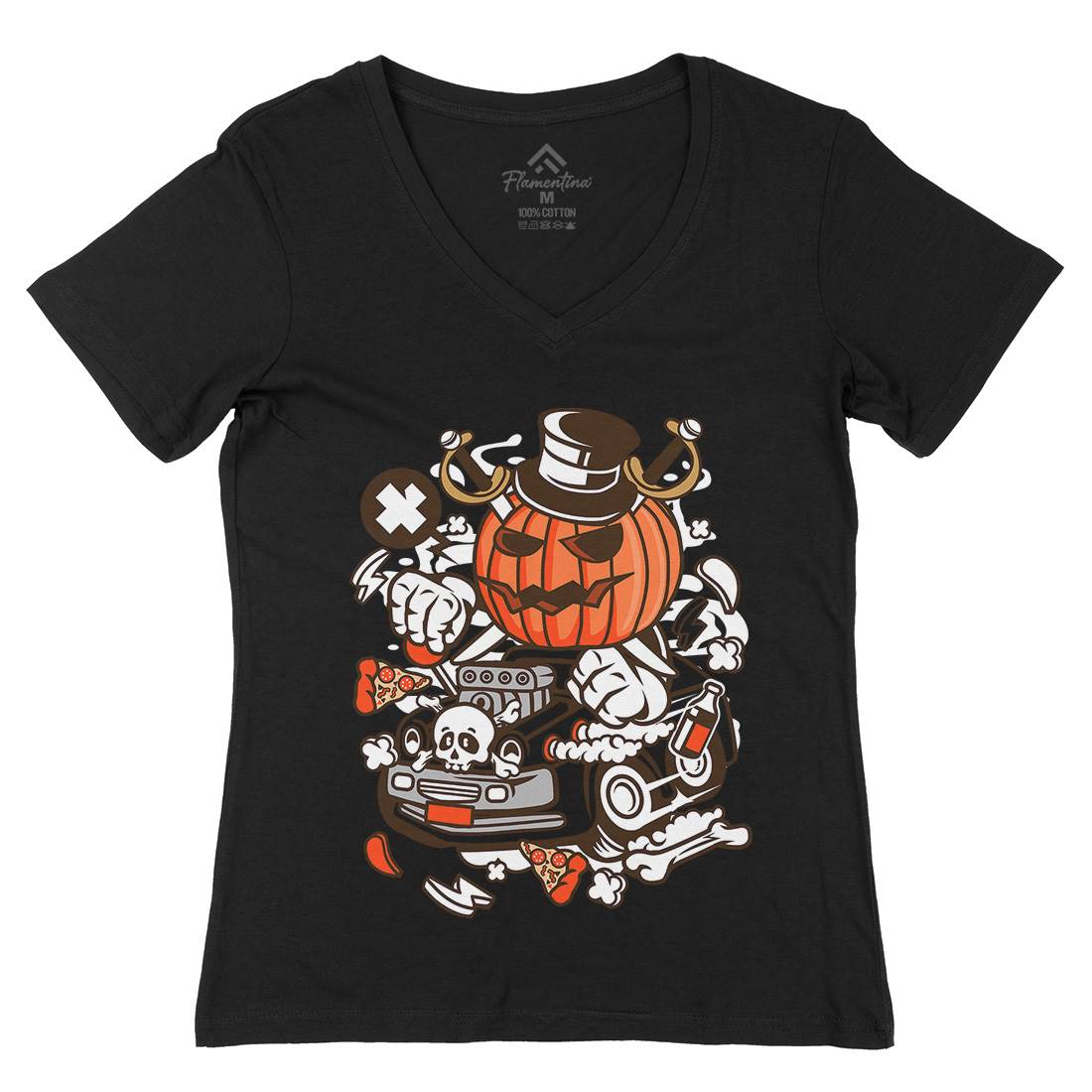 Halloween Hot Rod Womens Organic V-Neck T-Shirt Cars C132