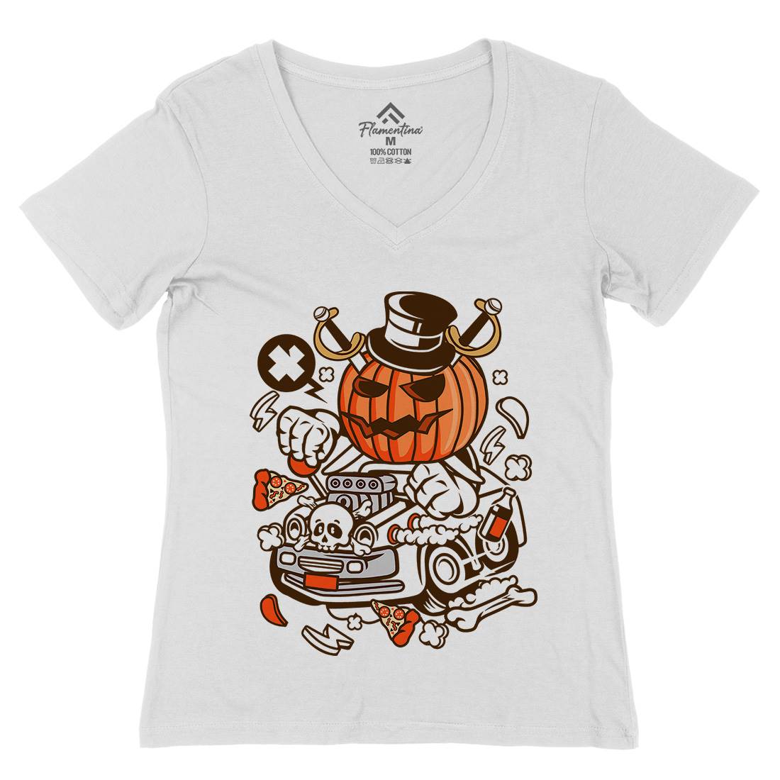 Halloween Hot Rod Womens Organic V-Neck T-Shirt Cars C132