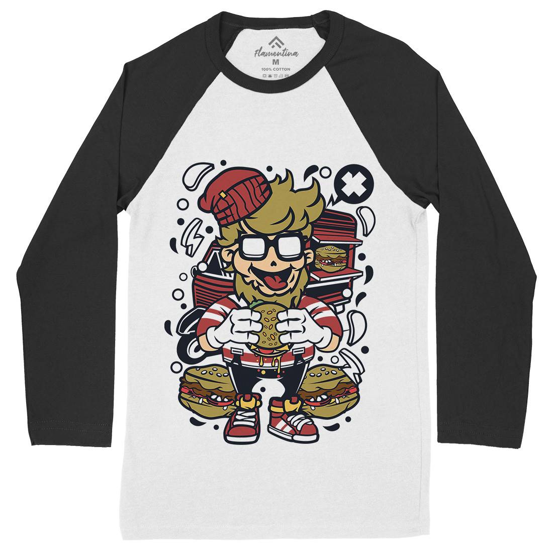 Hipster Burger Mens Long Sleeve Baseball T-Shirt Barber C135