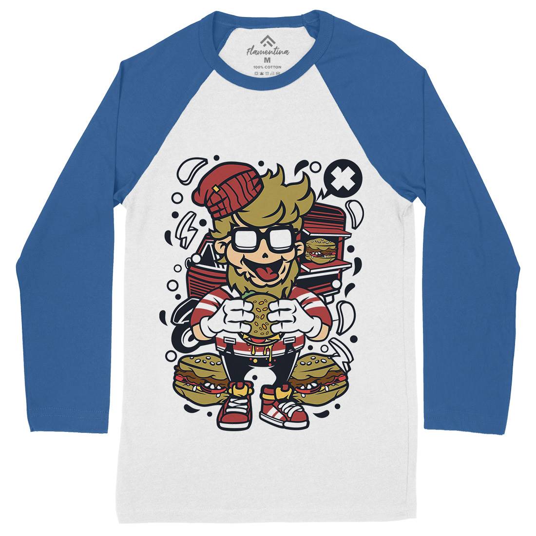 Hipster Burger Mens Long Sleeve Baseball T-Shirt Barber C135