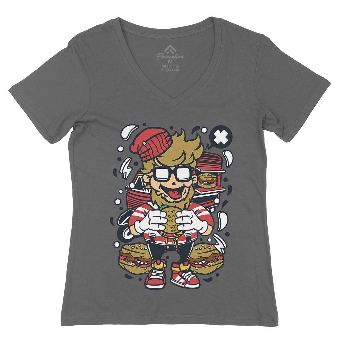 Hipster Burger Womens Organic V-Neck T-Shirt Barber C135