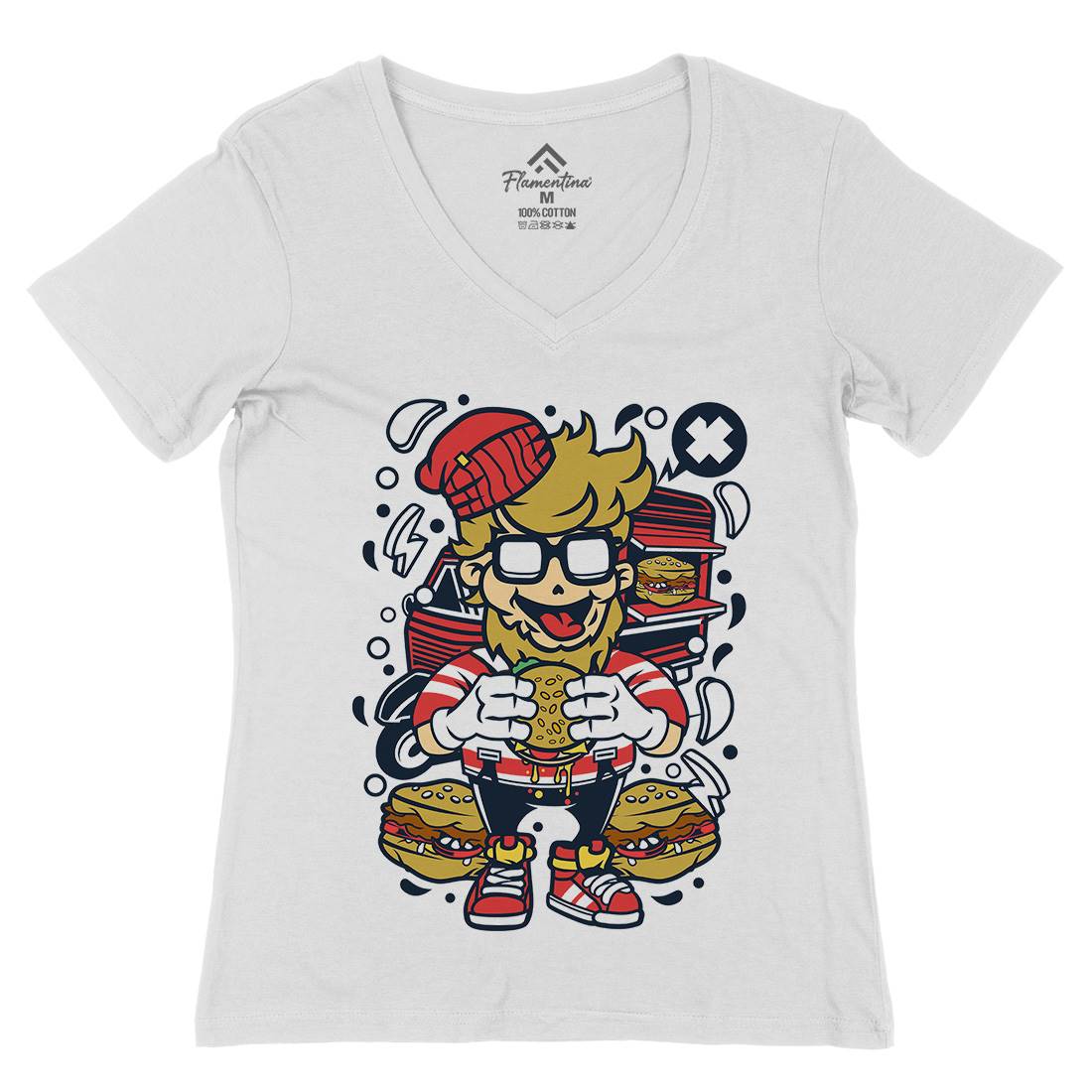 Hipster Burger Womens Organic V-Neck T-Shirt Barber C135