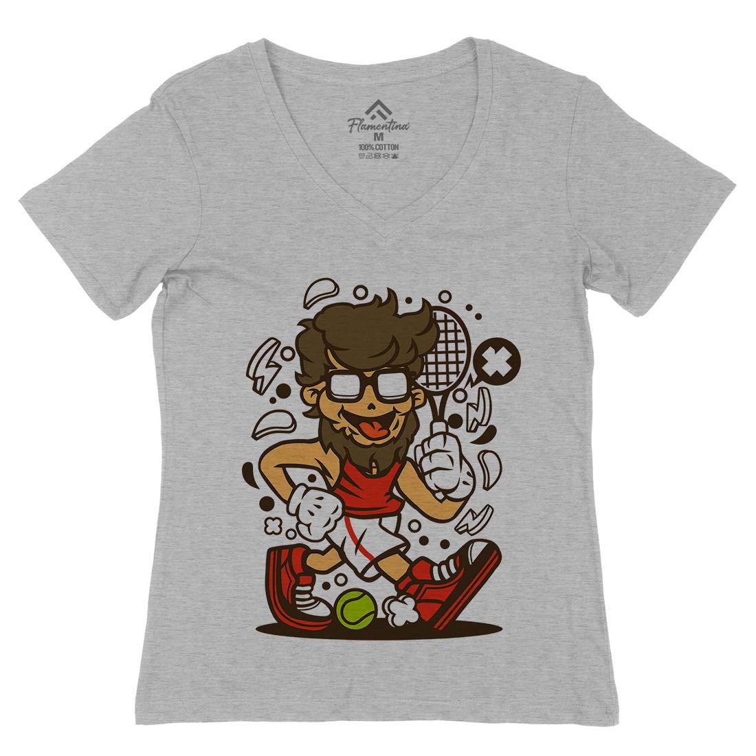 Hipster Tennis Player Womens Organic V-Neck T-Shirt Barber C141