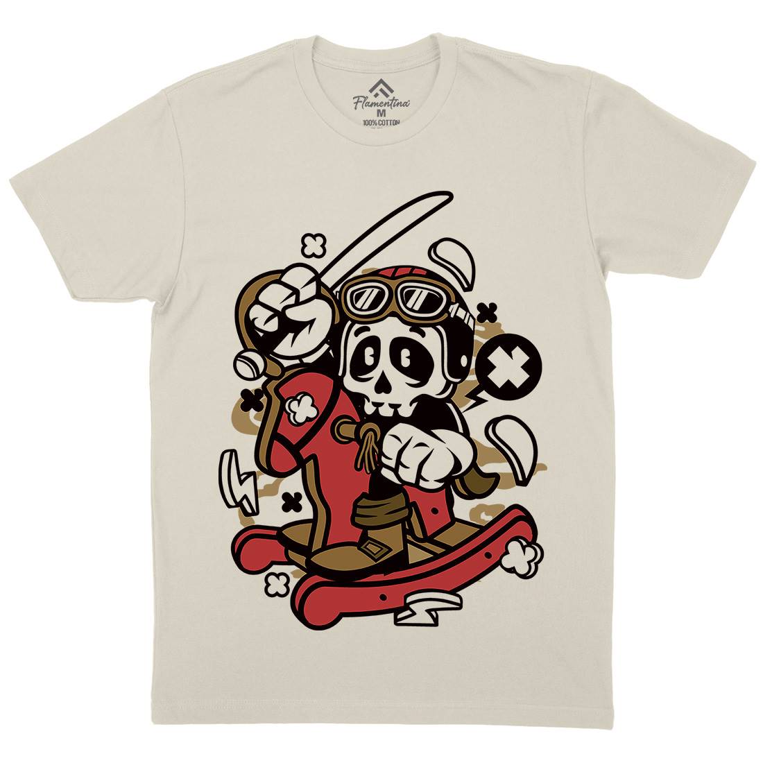 Horse Rocking Skull Mens Organic Crew Neck T-Shirt Retro C144