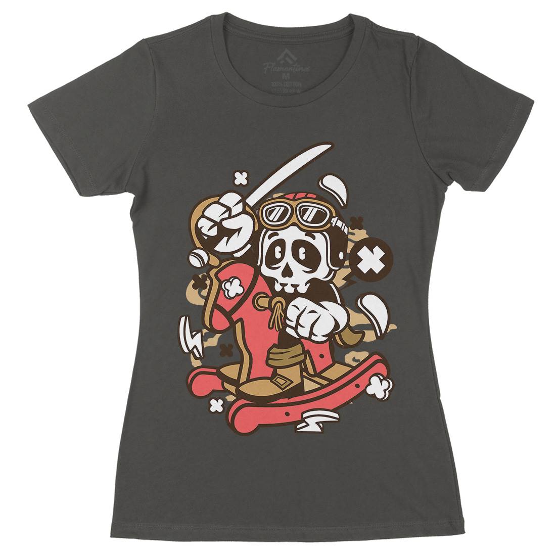 Horse Rocking Skull Womens Organic Crew Neck T-Shirt Retro C144