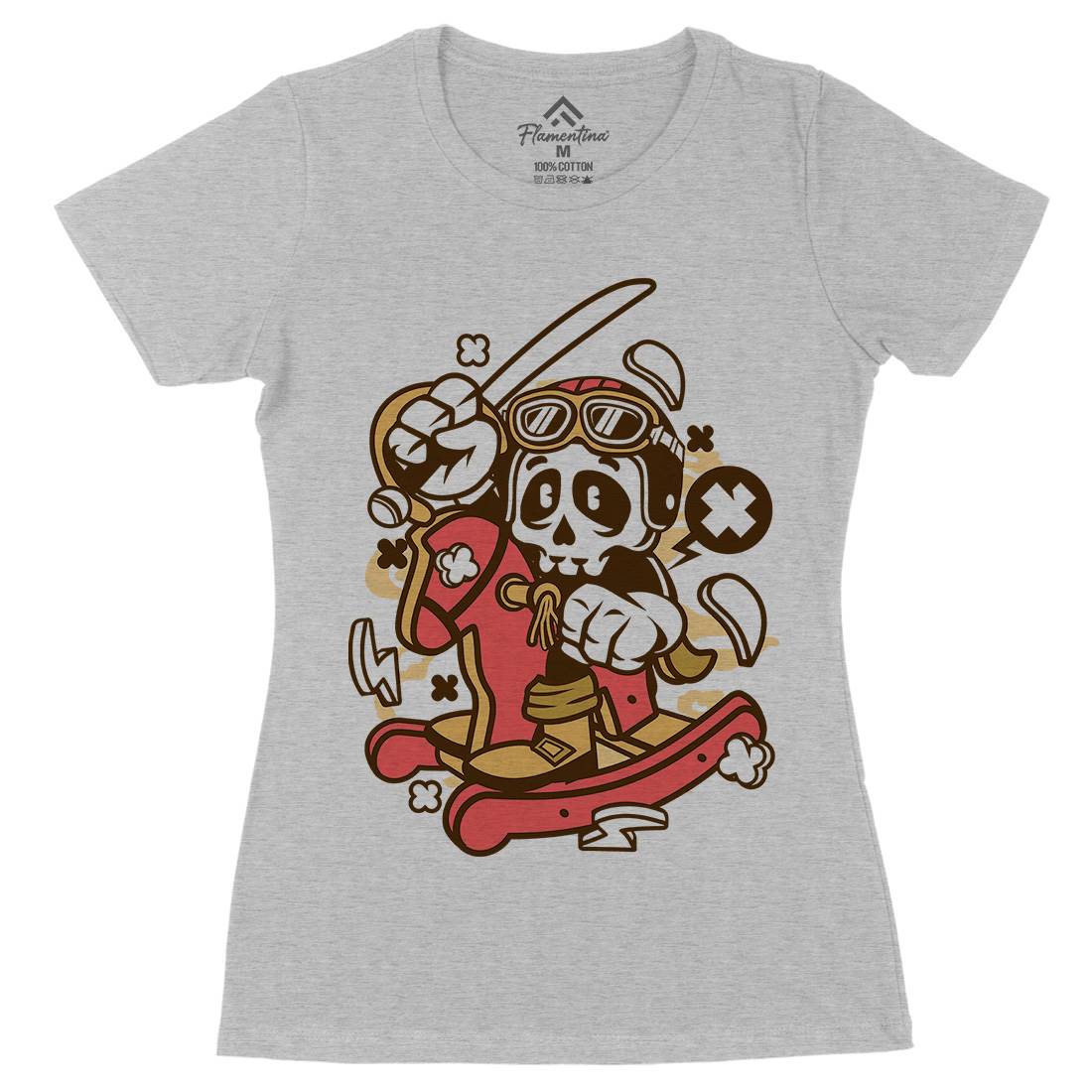 Horse Rocking Skull Womens Organic Crew Neck T-Shirt Retro C144