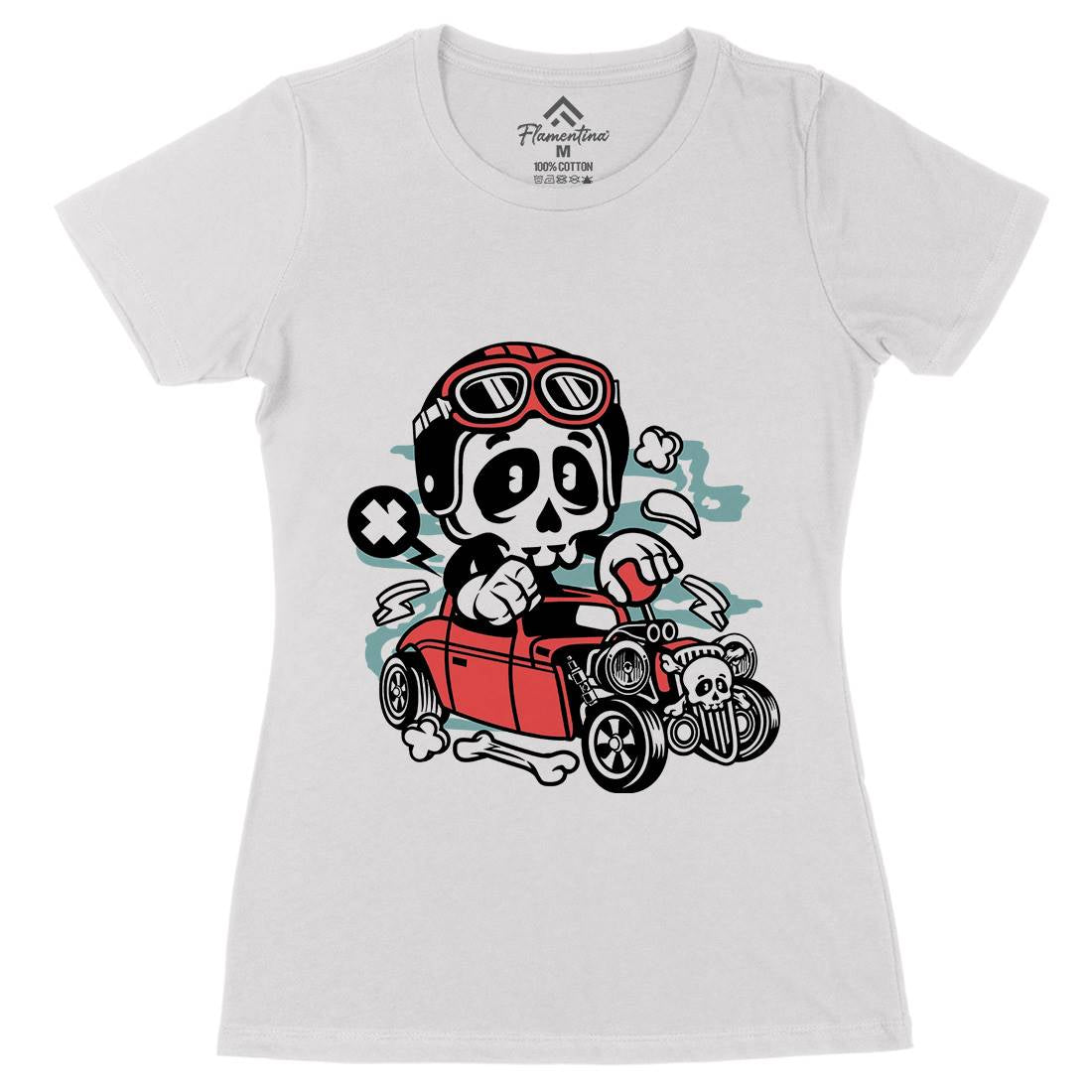 Hot Rod Skull Womens Organic Crew Neck T-Shirt Cars C145