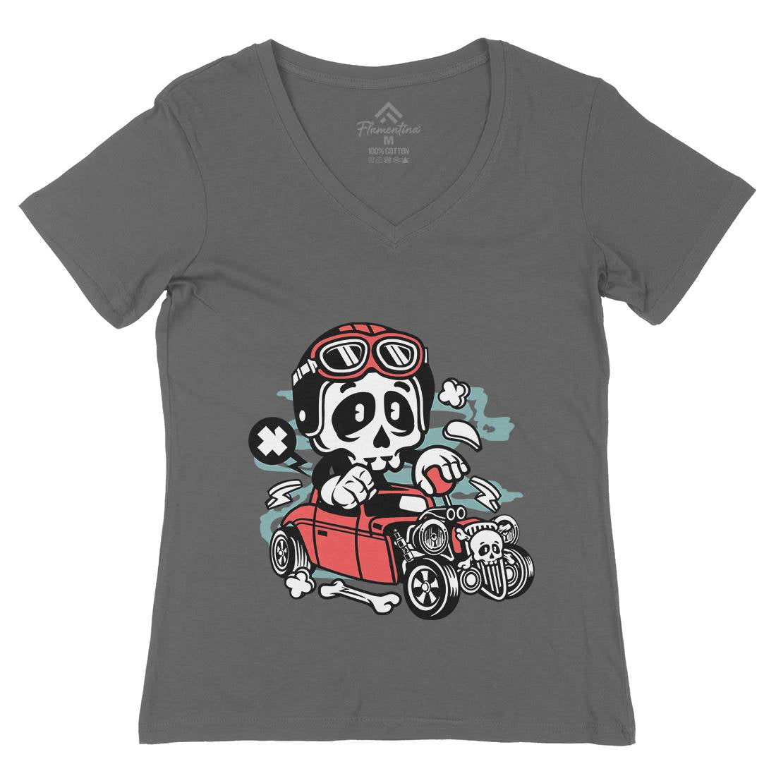 Hot Rod Skull Womens Organic V-Neck T-Shirt Cars C145