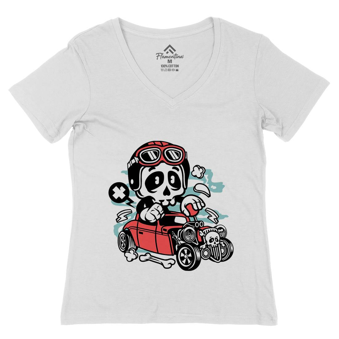 Hot Rod Skull Womens Organic V-Neck T-Shirt Cars C145