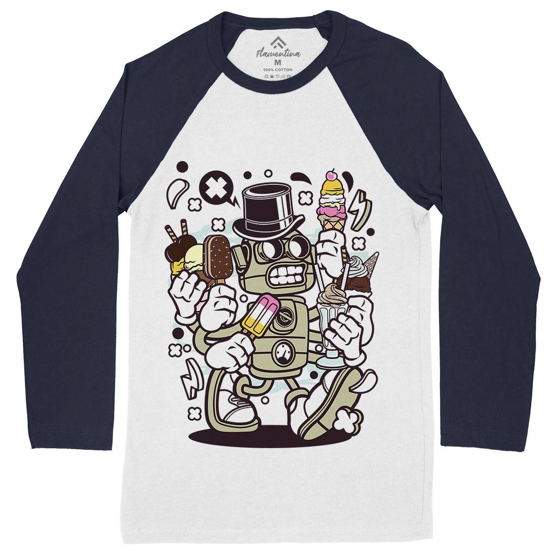 Ice Cream Robot Mens Long Sleeve Baseball T-Shirt Food C147