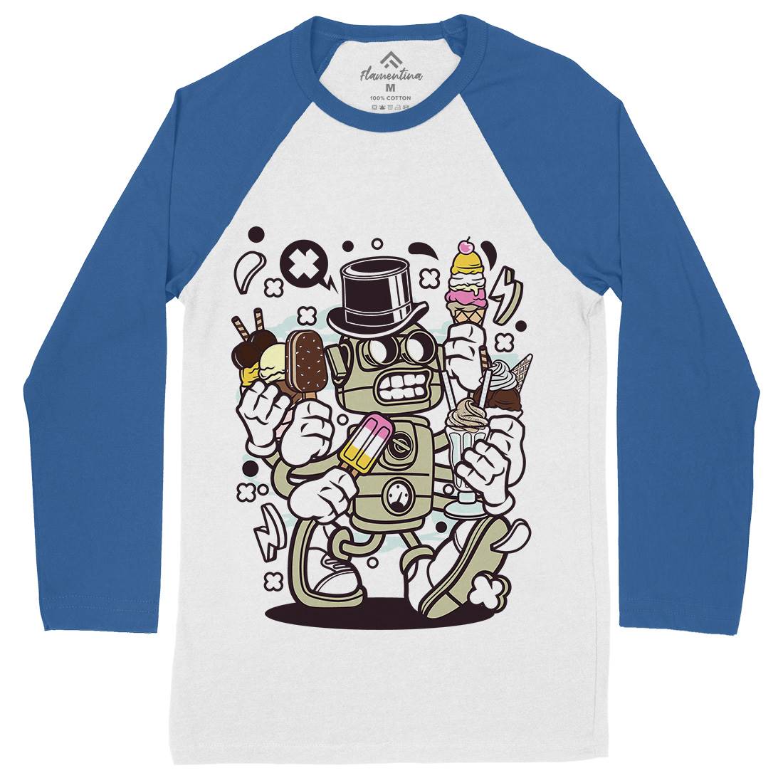 Ice Cream Robot Mens Long Sleeve Baseball T-Shirt Food C147