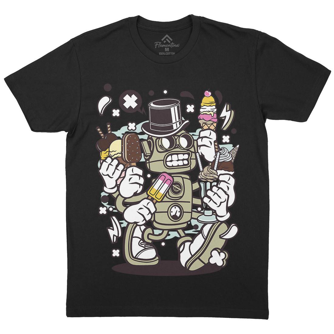 Ice Cream Robot Mens Crew Neck T-Shirt Food C147