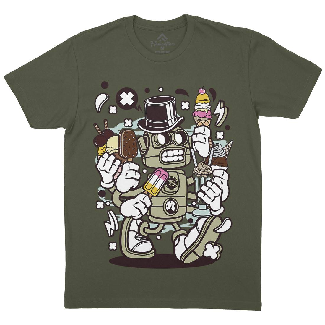 Ice Cream Robot Mens Organic Crew Neck T-Shirt Food C147