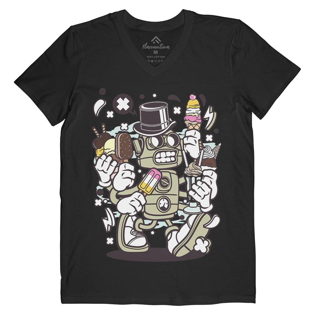 Ice Cream Robot Mens Organic V-Neck T-Shirt Food C147