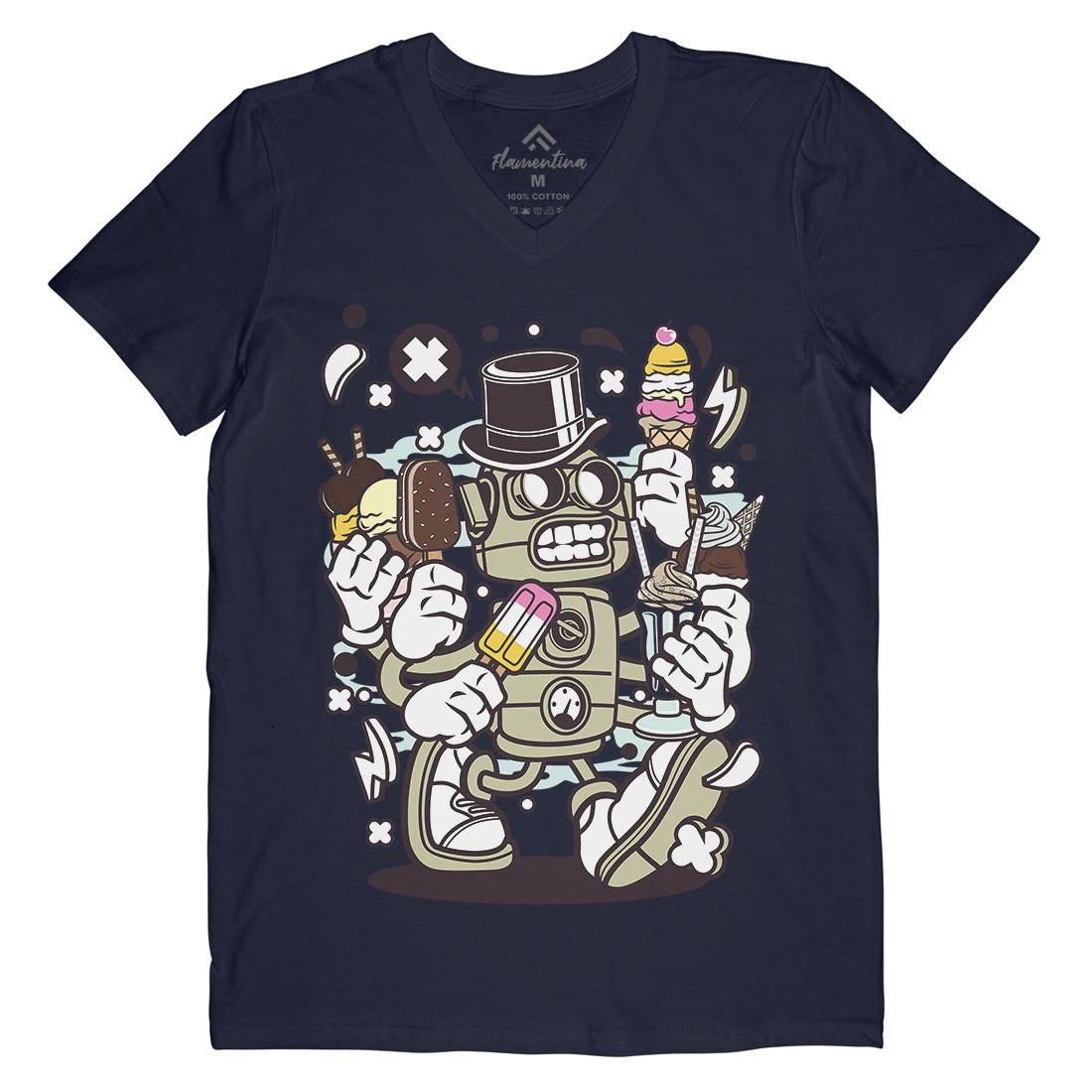 Ice Cream Robot Mens V-Neck T-Shirt Food C147