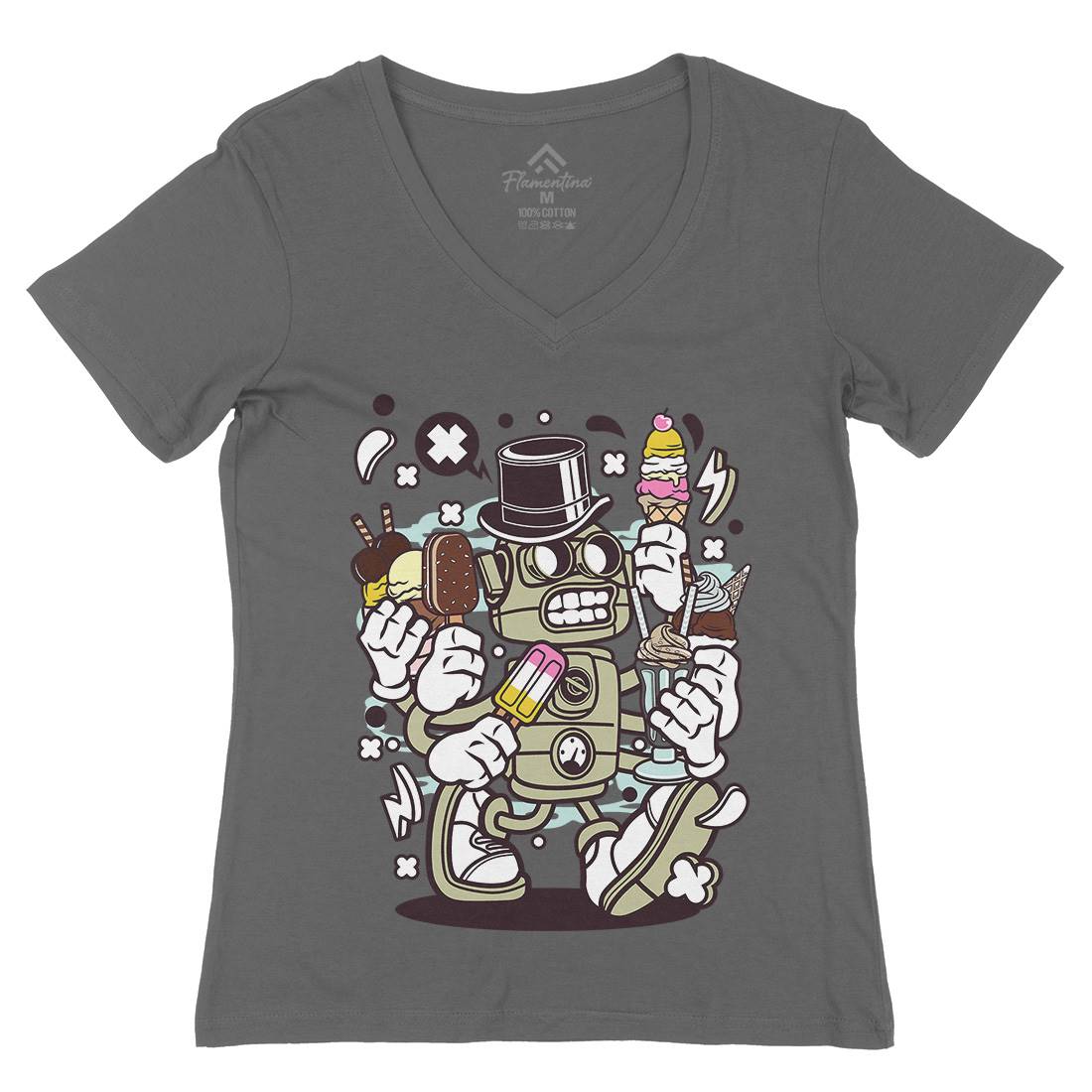 Ice Cream Robot Womens Organic V-Neck T-Shirt Food C147
