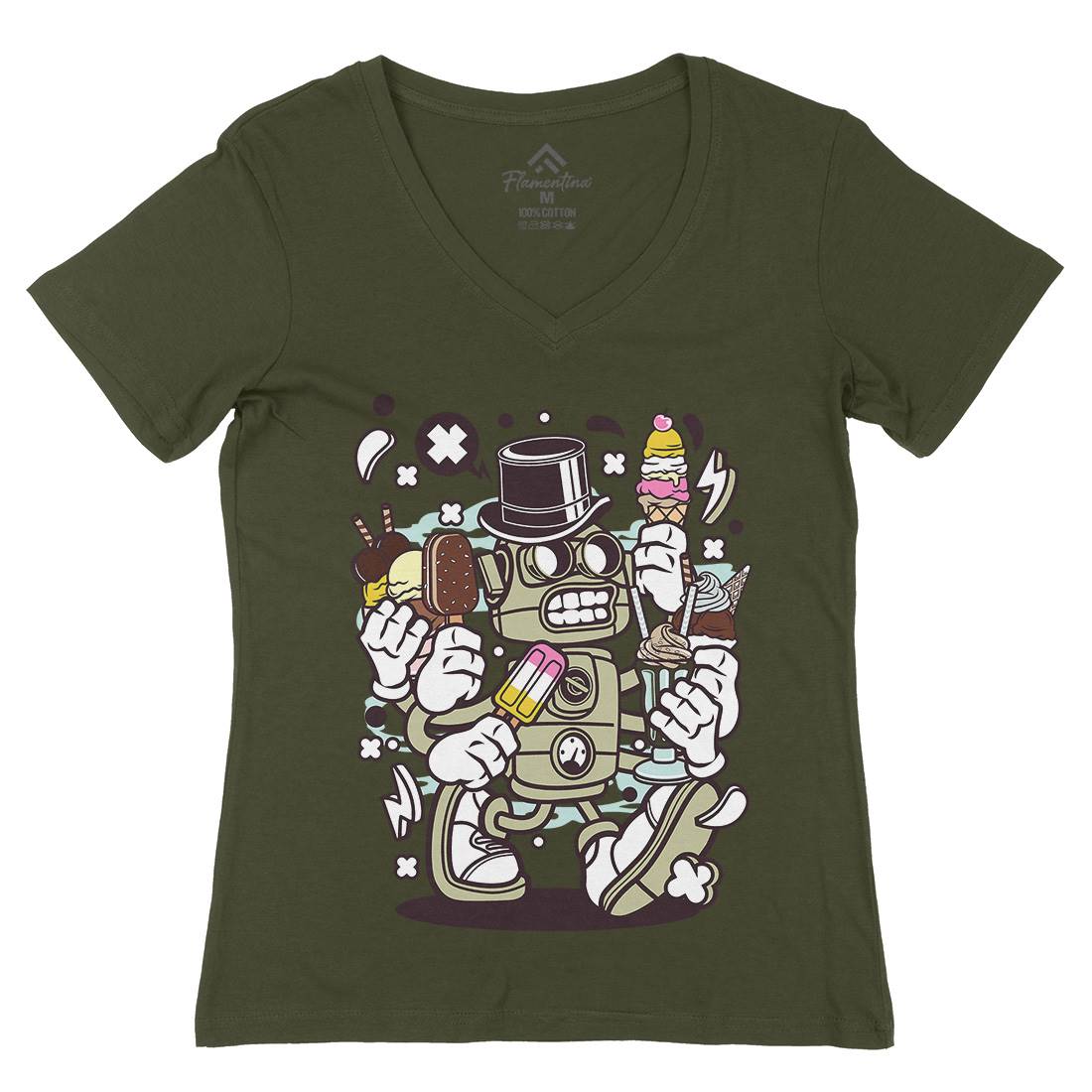 Ice Cream Robot Womens Organic V-Neck T-Shirt Food C147