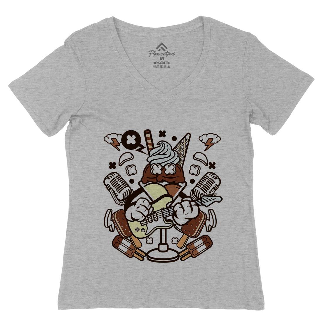 Ice Cream Rocker Womens Organic V-Neck T-Shirt Music C149