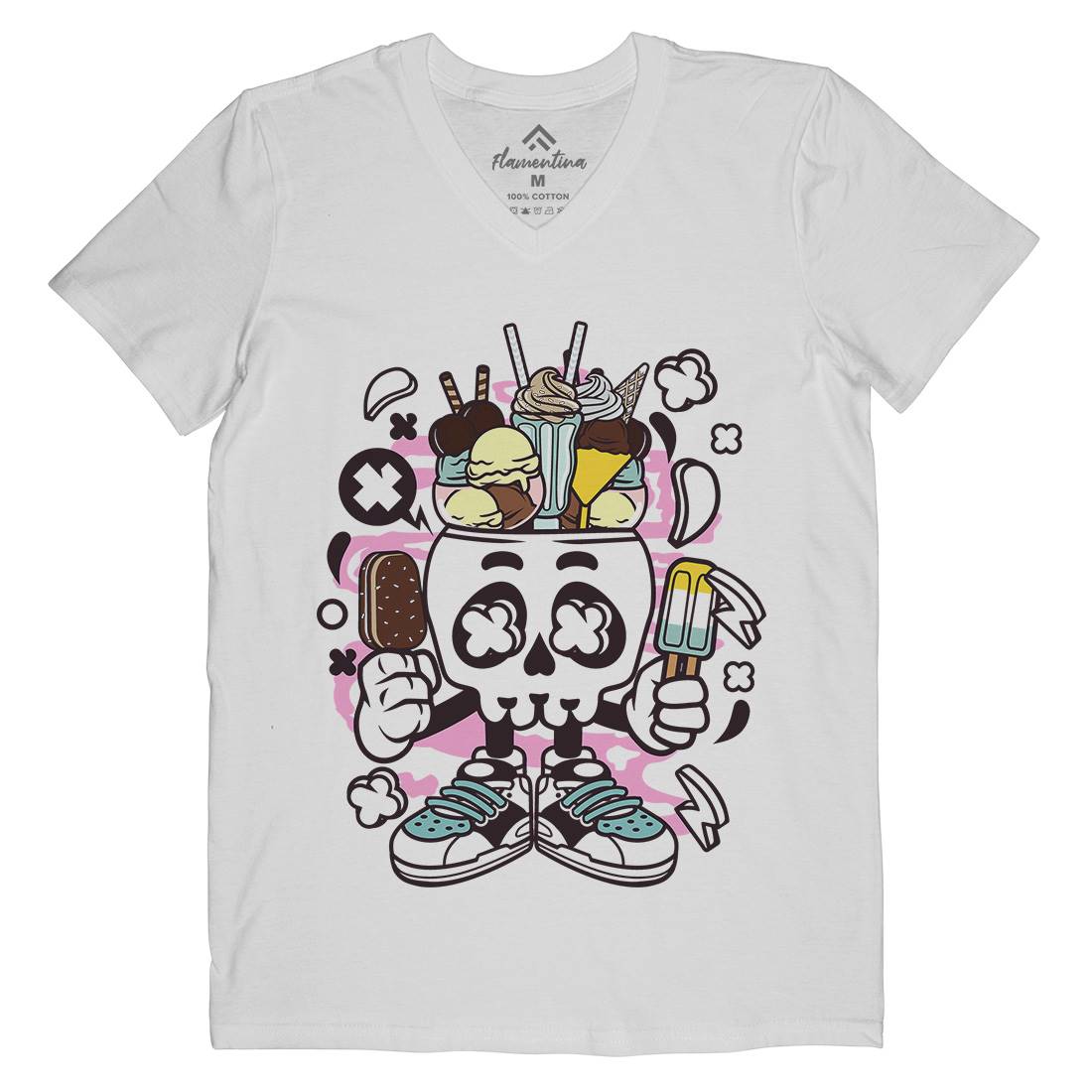 Ice Cream Skull Head Mens V-Neck T-Shirt Food C151