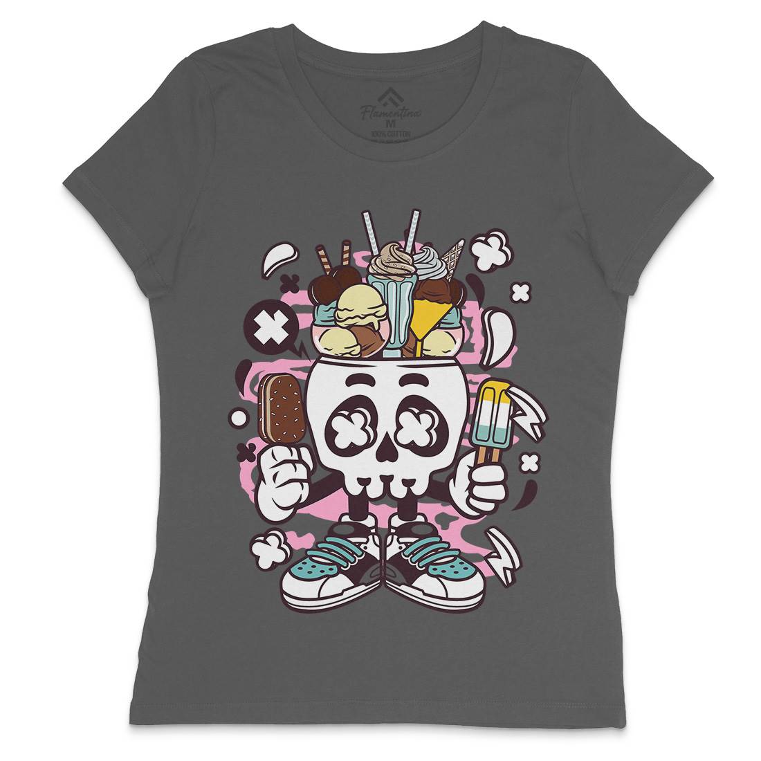 Ice Cream Skull Head Womens Crew Neck T-Shirt Food C151