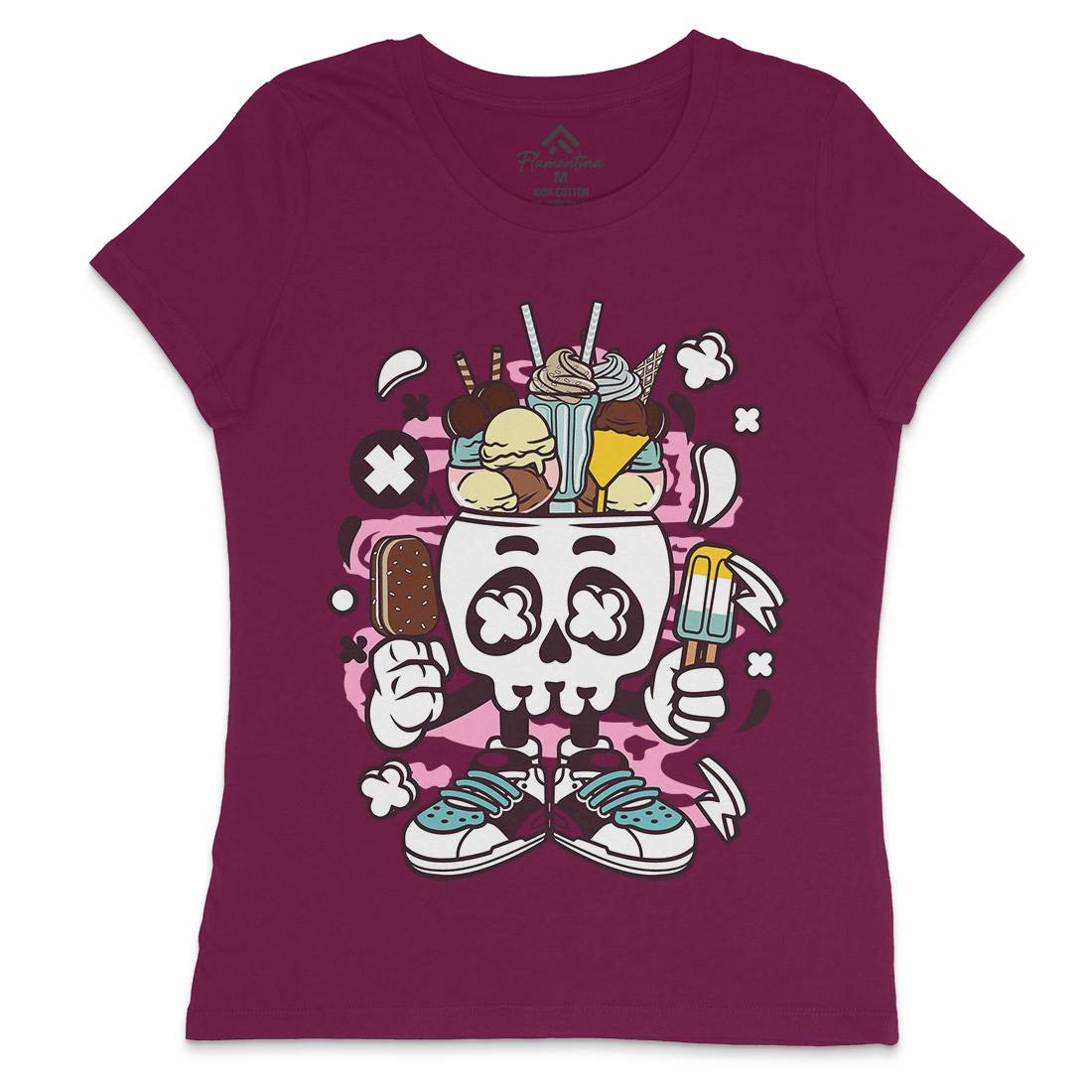 Ice Cream Skull Head Womens Crew Neck T-Shirt Food C151