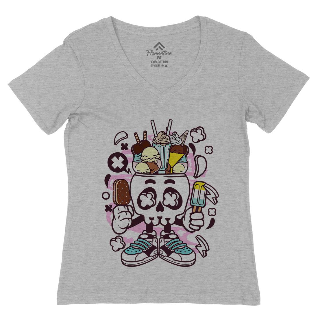 Ice Cream Skull Head Womens Organic V-Neck T-Shirt Food C151